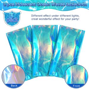 YIDAKO 3 Pack Ocean Tablecloths Iridescent Plastic Disposable Table Cloth Rectangle Water Wave Table Covers for Under Sea Ocean Pool Beach Party Decorations, 54 x 108Inch