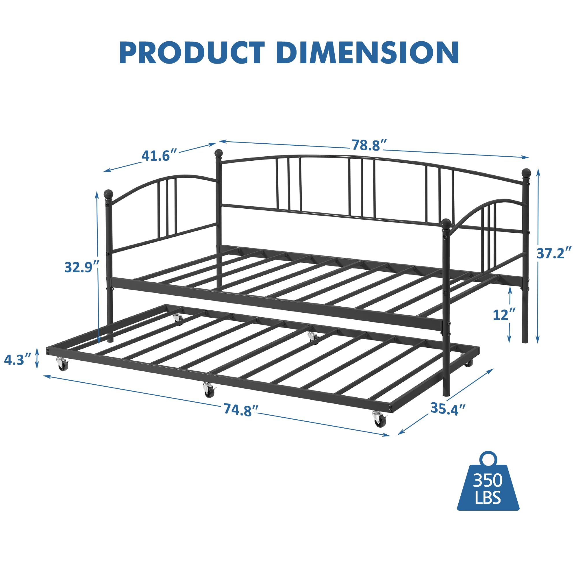 IDEALHOUSE Twin Daybed with Trundle, Metal Twin Size Daybed with Pullout Trundle 6 Casters, Steel Slat Support Sofa Bed for Living Room, Bedroom, Guest Room, No Box Spring Needed, Black