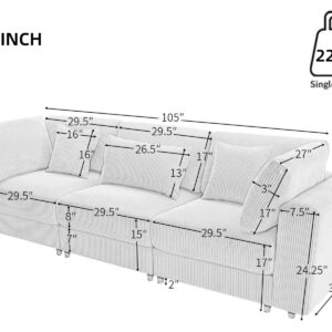 Merax 105" Couch Sofa with 5 Pillows and Removable Back Cushions, 3 Seater Corduroy Chaise Lounge Recliner for Living Room, Apartment Furniture, Beige