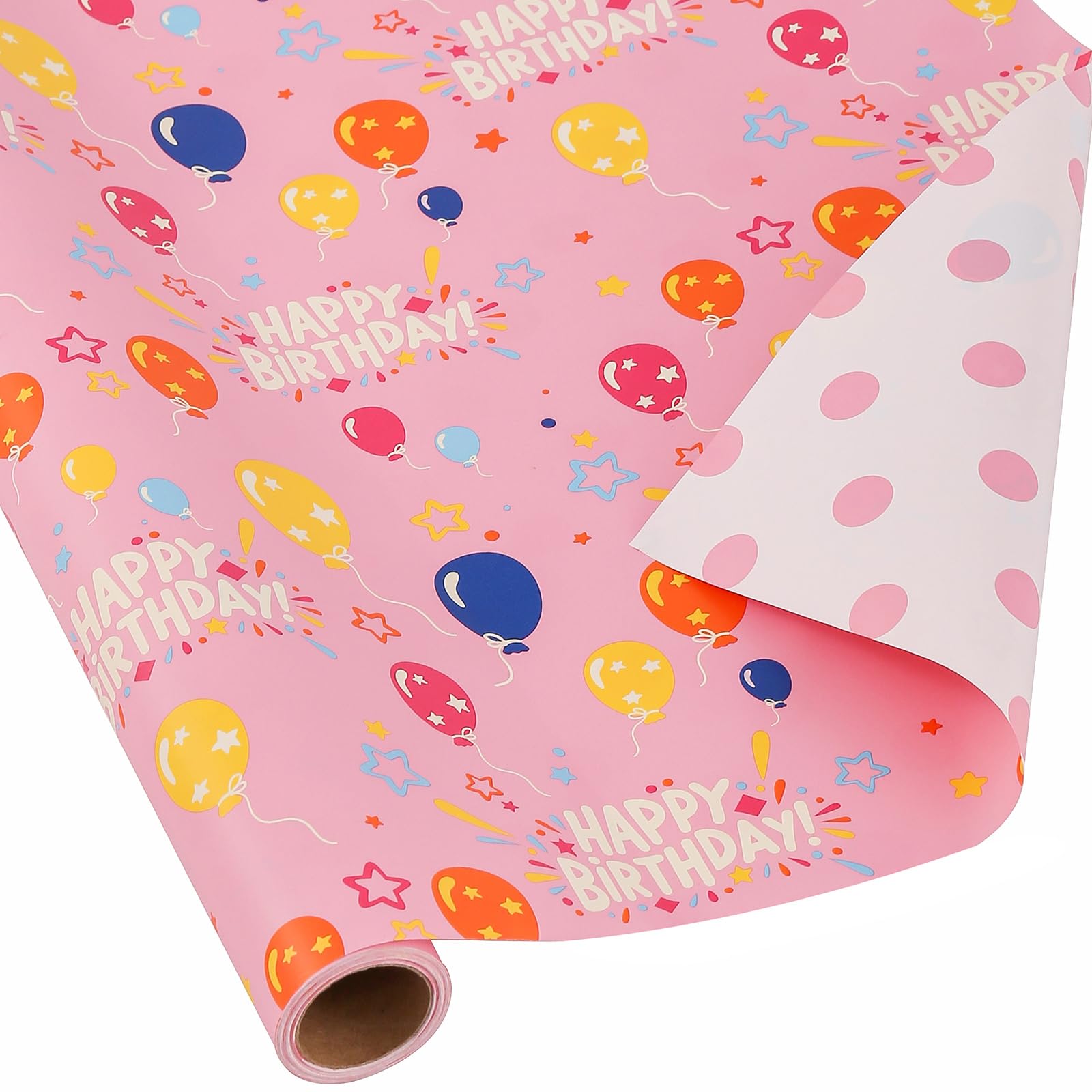 AUCLAY Reversible Birthday Wrapping Paper for Girls Kids Baby Shower - Cute Happy Birthday Lettering Balloon in Pink and Polka Dots Design - Gift Wrap Paper Roll, 17.7 Inch Wide