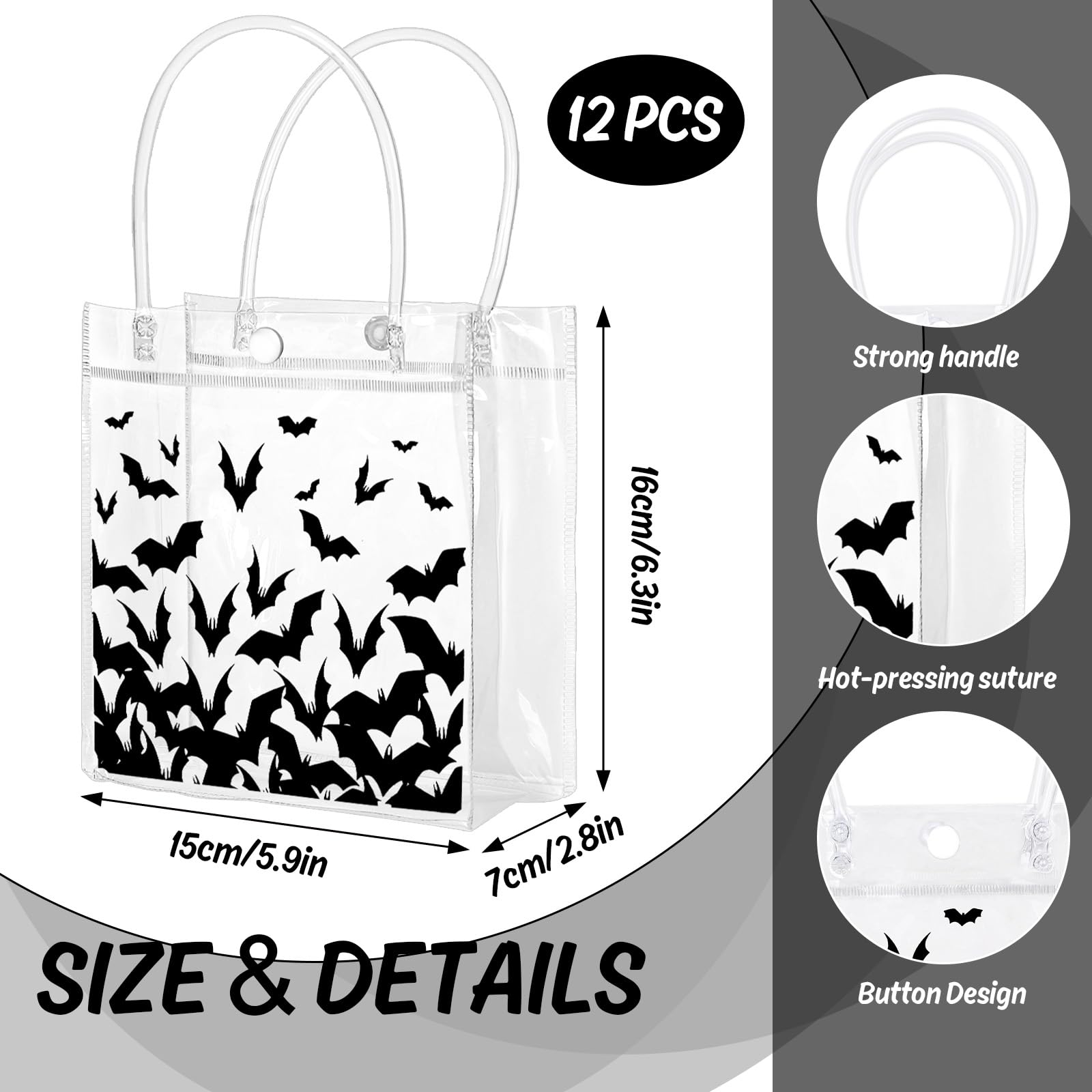 JarThenaAMCS Halloween Bats Clear PVC Gift Bags Black Bats Party Favor Bags with Handles Decorative Treat Tote Bags for Halloween Birthday Party Supplies, 12Pcs