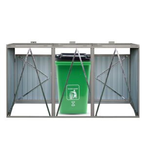 Garbage Bin Shed Stores 3 Trash Cans - Outdoor Metal Bin Storage for Garden, Yard, and Lawn - Stainless Galvanized Steel with Easy Access Lids and Doors - Bin Hider for Trash Can Organization