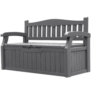 greesum 70 gallon outdoor storage bench, resin patio furniture with armrest,waterproof and durable, perfect to garden, poolside and lawn,grey