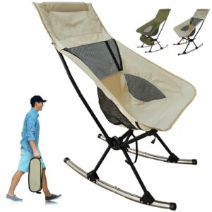 teqhome folding rocking chair, outdoor rocking chair with carry bag, foldable padded rocking chair, for camping, patio, angling, supports 300lbs(beige)