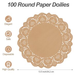 MCEAST 100 Pack Round Brown Kraft Paper Doilies 13.5 Inches Lace Paper Place Mats Rustic Scallop Doily Disposable Paper Table Pads for Food Cakes Crafts Party Weddings Tableware Decor