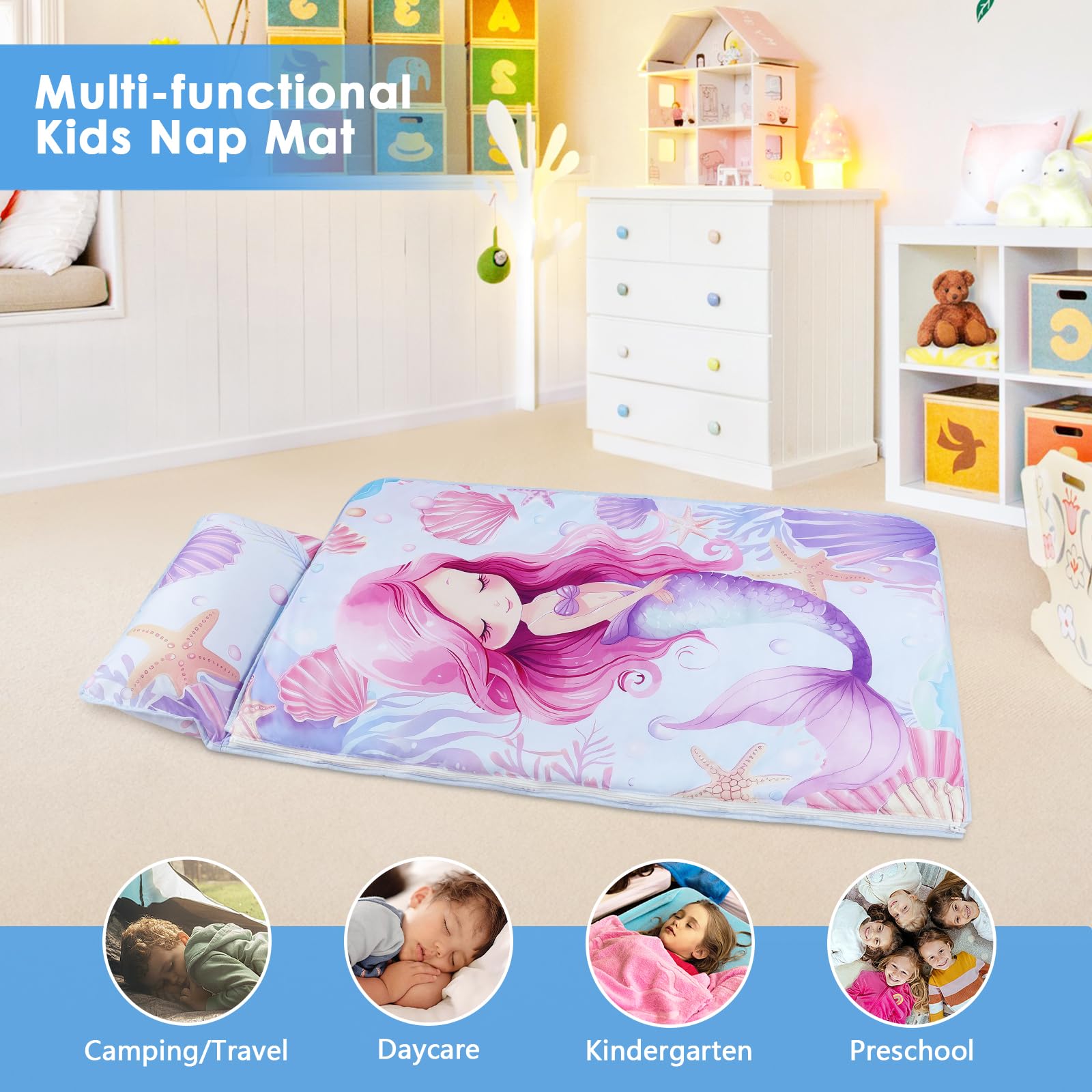 Kids Nap Mat Portable Slumber Bags with Removable Pillow and Blanket for Girls Boys, Lightweight Extra Large Sleeping Bag for Preschool Camping Daycare