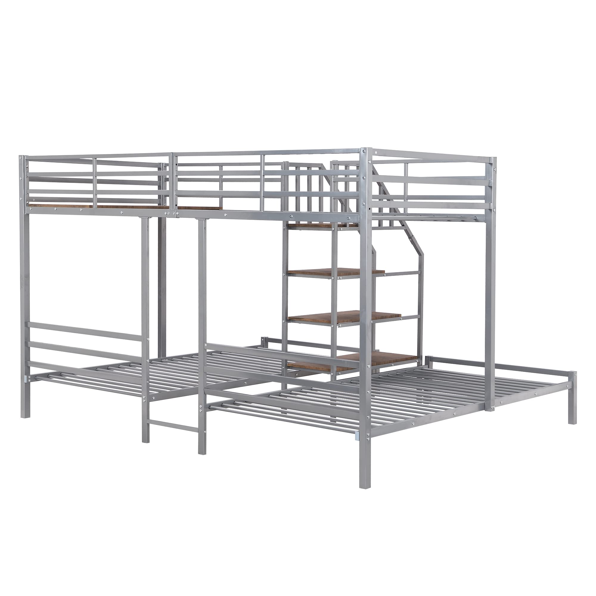 Harper & Bright Designs Metal Triple Bunk Bed with Storage Stairs, Twin Over Twin & Twin Bunk Bed for 3, Bunk Bed with Shelves for Kids Teens Adults, No Box Spring Needed,Silver