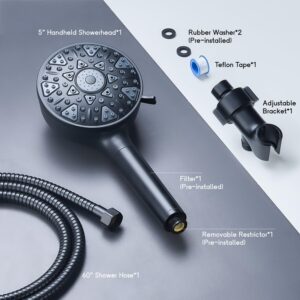 InoFlow High Pressure Filtered Shower head with Handheld 7 Modes, 5” High Flow Hand Held Hydro Rain Showerhead with 60" Stainless Steel Hose and Adjustable Bracket, Matt Black