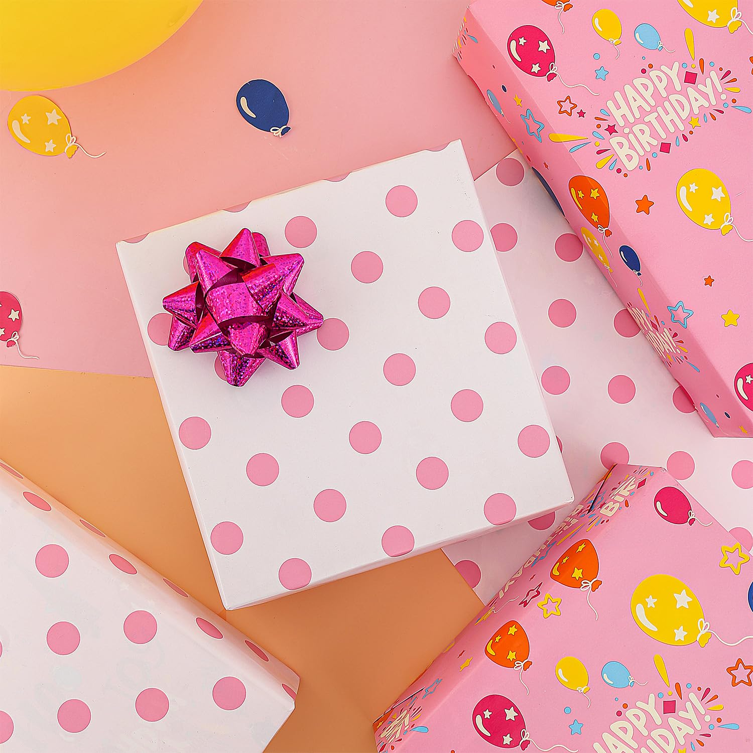 AUCLAY Reversible Birthday Wrapping Paper for Girls Kids Baby Shower - Cute Happy Birthday Lettering Balloon in Pink and Polka Dots Design - Gift Wrap Paper Roll, 17.7 Inch Wide