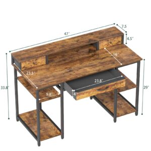 Treesland 47" Computer Desk with Monitor Shelf, Multifunctional Dual Tiers Office Desk, Sturdy Home Office Gaming Desk, Brown