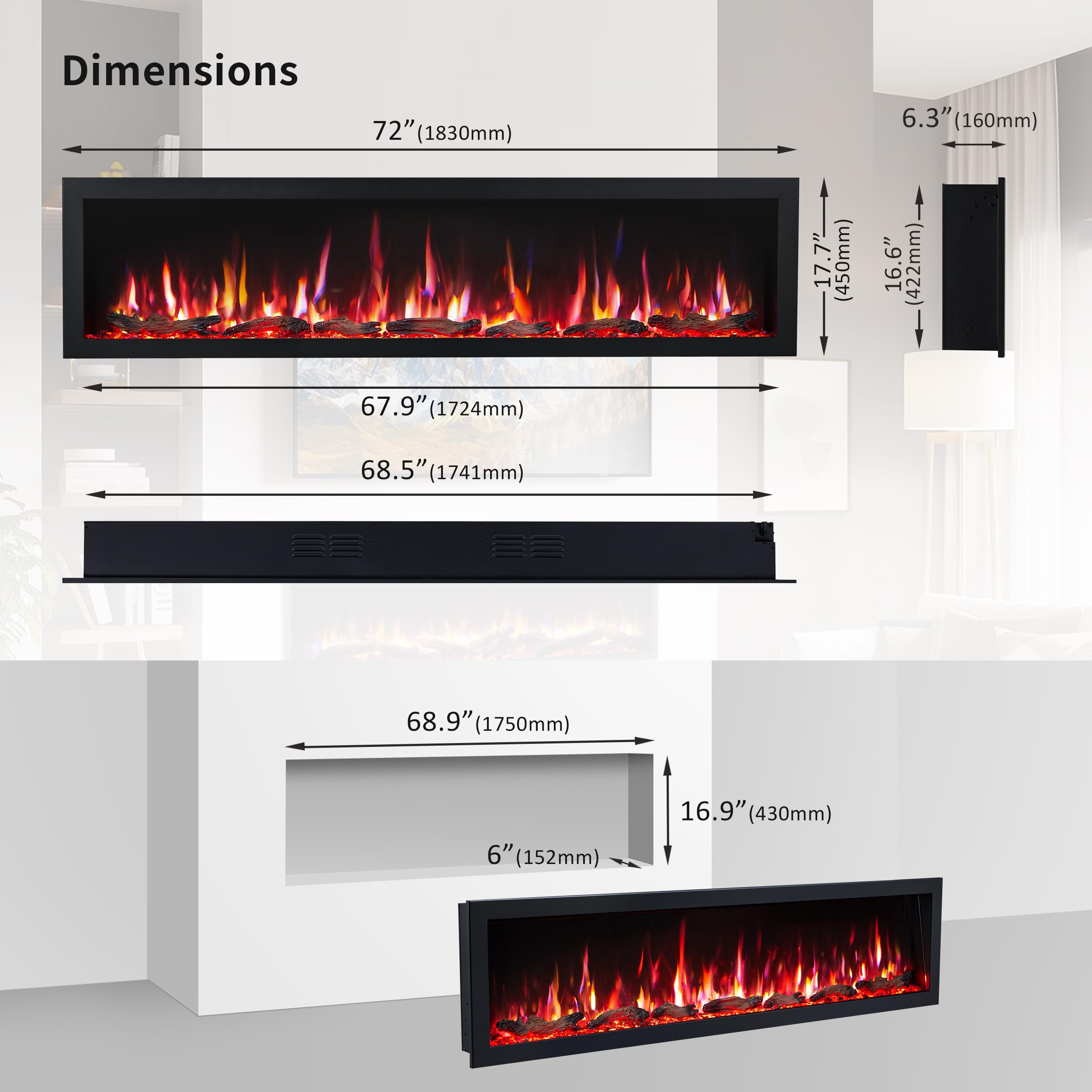 PuraFlame Bernice 72 Inch Smart Linear Electric Fireplace - Clean Hidden Vent Design, Flame with 9 Colors, Recessed in-Wall or Wall-Mount or Free Standing, Compatible with Alexa and Google Assistant