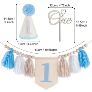 Lucky one First Birthday Decorations Banner for Boy, Cute Birthday Decorations Handmade High Chair Banner, Cake Topper Party Decor Baby Boy 1st Birthday Party Supplies