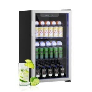 erivess compact freestanding beverage refrigerator,126 can/3.2 cubic feet mini fridge with glass front door for soda, beer or wine, under counter drink dispenser with adjustable shelves