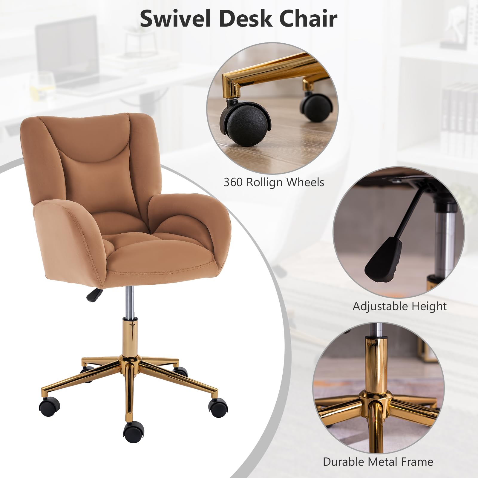 Hommoo Desk Chair with Wheels and Arms Velvet Comfortable Desk Chair for Home Office Height Adjustable Vanity Chair Modern Task Chair Computer Desk Chair Coffee