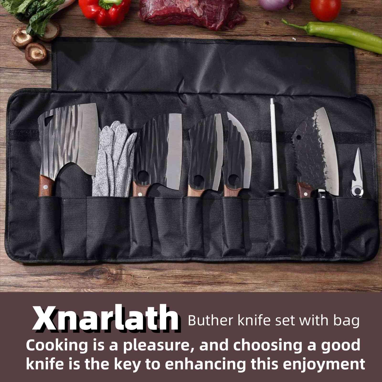 Xnarlath Butcher Chef Knife Set with Bag，High Carbon Steel Meat Cleaver for Meat Cutting Processing,Heavy Duty Bone Chopper Hand Forged Butcher Knives，Outdoor BBQ Camping Knife (5 butcher knife set)