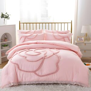 rvciby boho flower duvet cover queen size girl,soft microfiber bedding set with tassel and tufted pattern,3 pieces,1 duvet cover with zipper closure &corner ties and 2 pillow shams,90x90 inches (pink)