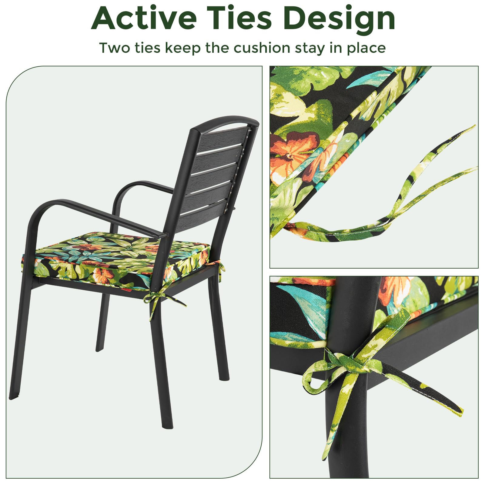 IN4 Care Patio Chair Cushion 18"x18"x2.5" for Patio Furniture, 2 Pack, Indoor/Outdoor Waterproof Square Corner Seat Cushion with Ties, Chair Pads for Garden Dining Office Sofa-Tropical Green Leaves