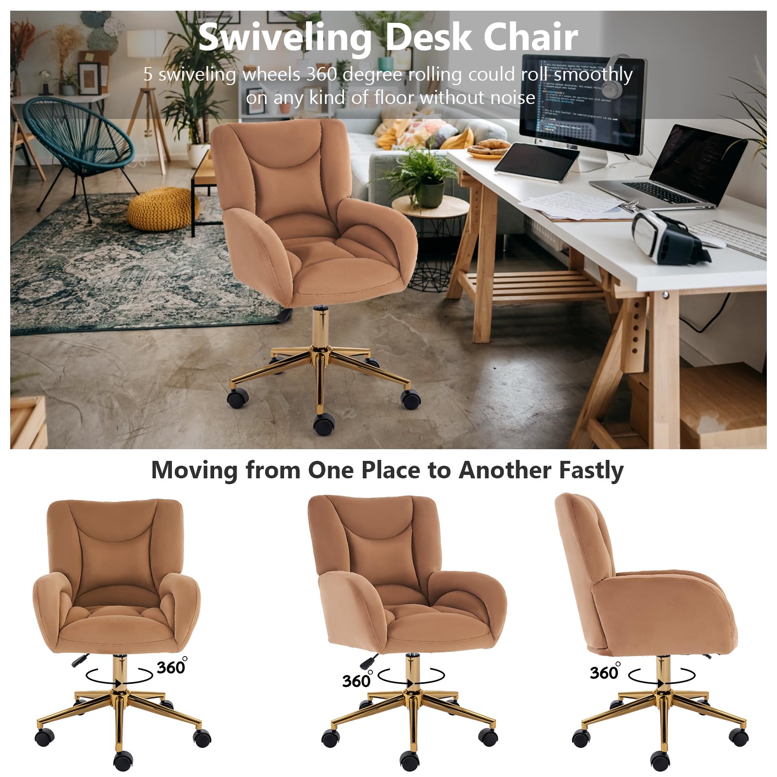 Hommoo Desk Chair with Wheels and Arms Velvet Comfortable Desk Chair for Home Office Height Adjustable Vanity Chair Modern Task Chair Computer Desk Chair Coffee