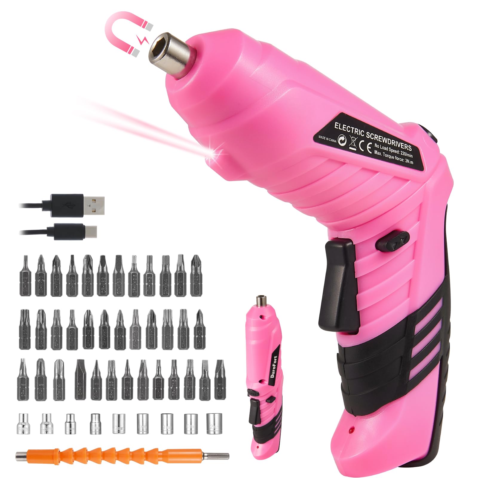 Durofort Pink Cordless Electric Screwdriver Set, 4.1V Rechargeable Small Electric Drill with 48pcs Driver Bit Set, Power 3Nm Screw Gun with 2 Position Handle, Flexible Shaft LED Light for Women