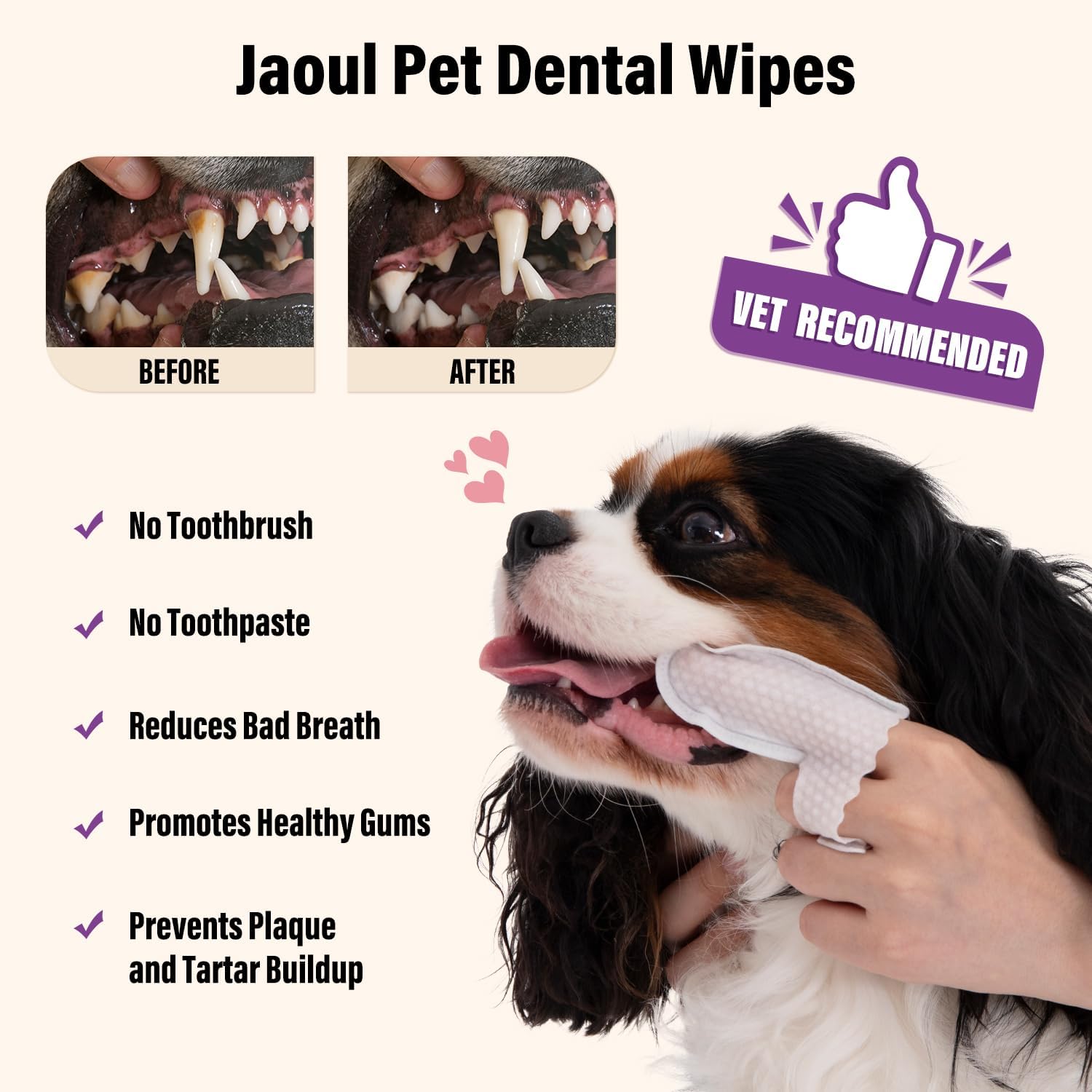 Jaoul Dog Teeth Cleaning Wipes - Non-Slip, Dual Finger Design - Fresh Breath, Plaque & Tartar Removal - Gentle Double-Sided Disposable Dog Dental Wipes, 40 Counts