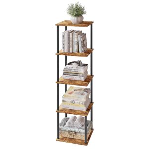 pobomuli 46" narrow bookshelf, 5-tier tall bookcase small space, corner book shelf slim storage display rack living room bedroom study office, rustic brown