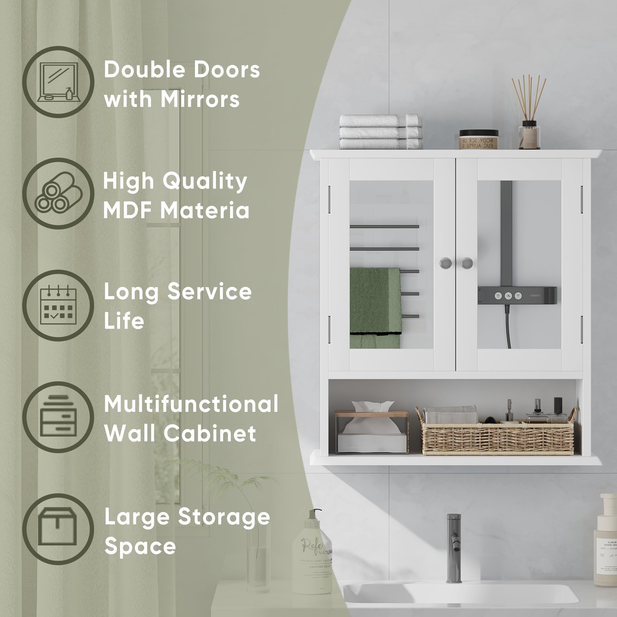 Smuxee Bathroom Wall Cabinet with Mirrors, White Bathroom Medicine Cabinet with Adjustable Shelves, Over Toilet Cabinet for Bathroom Laundry Room Kitchen