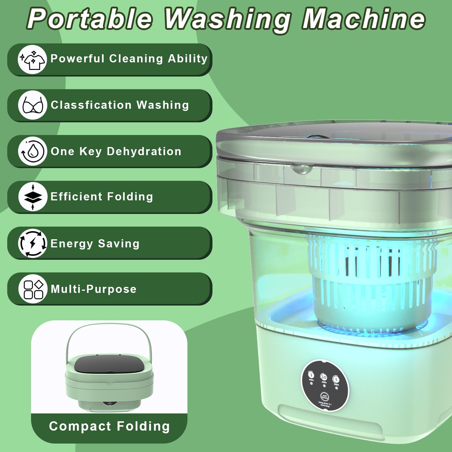 Portable Washing Machine, Foldable Mini Washing Machine and Spin Dryer, 11L Large Capacity, Small Collapsible Laundry Washer for Apartment, Travel, RV, Underwears, Socks, Baby Clothes (Green)