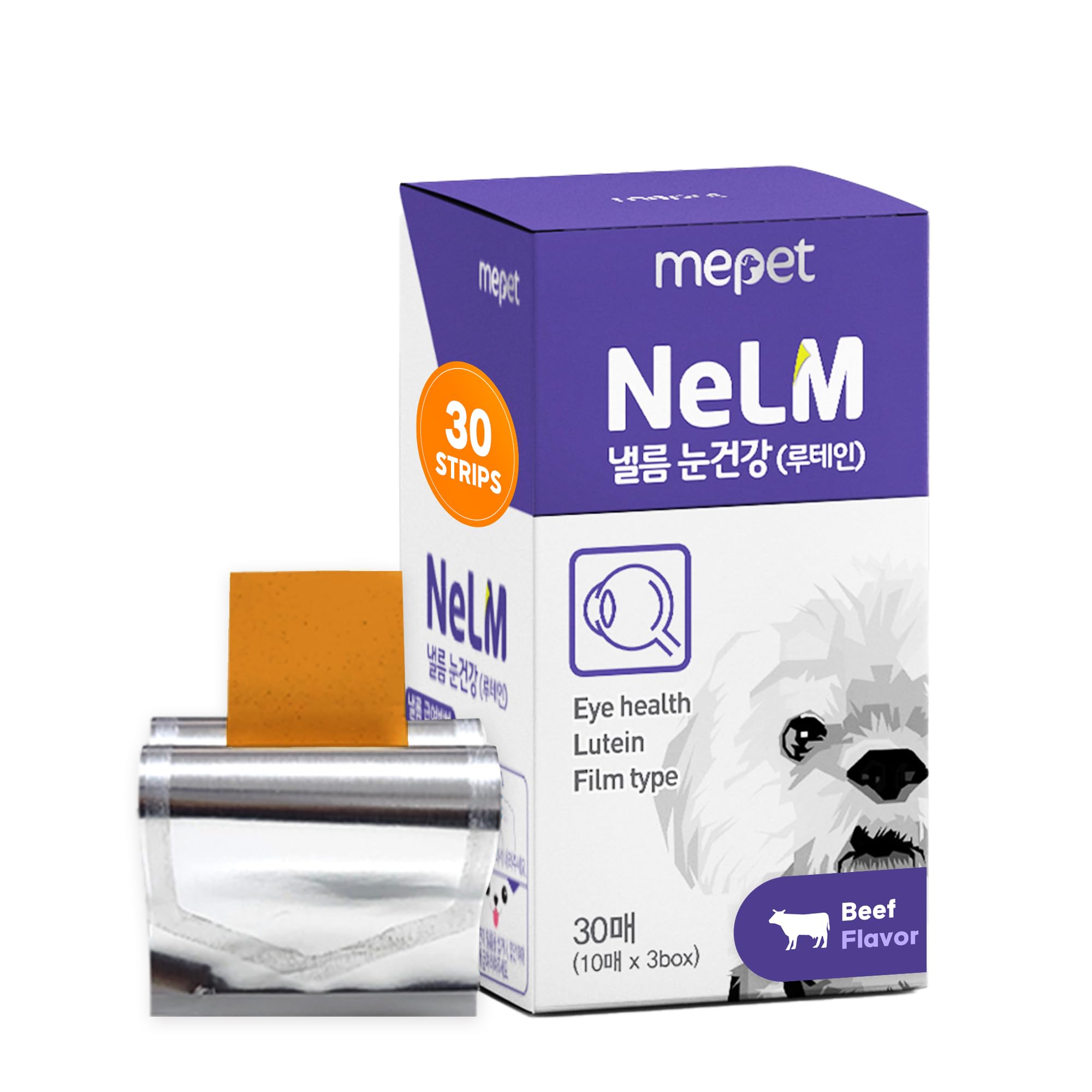 Mepet Eye Support for Dogs - Mouth Dissolving Strips, Eye Care and Vision Supplement - Antioxidants, Lutein, Beta-Carotene, Vitamin C & E for Eye Infection - Pet Health Supplies - Beef, 30 Strips