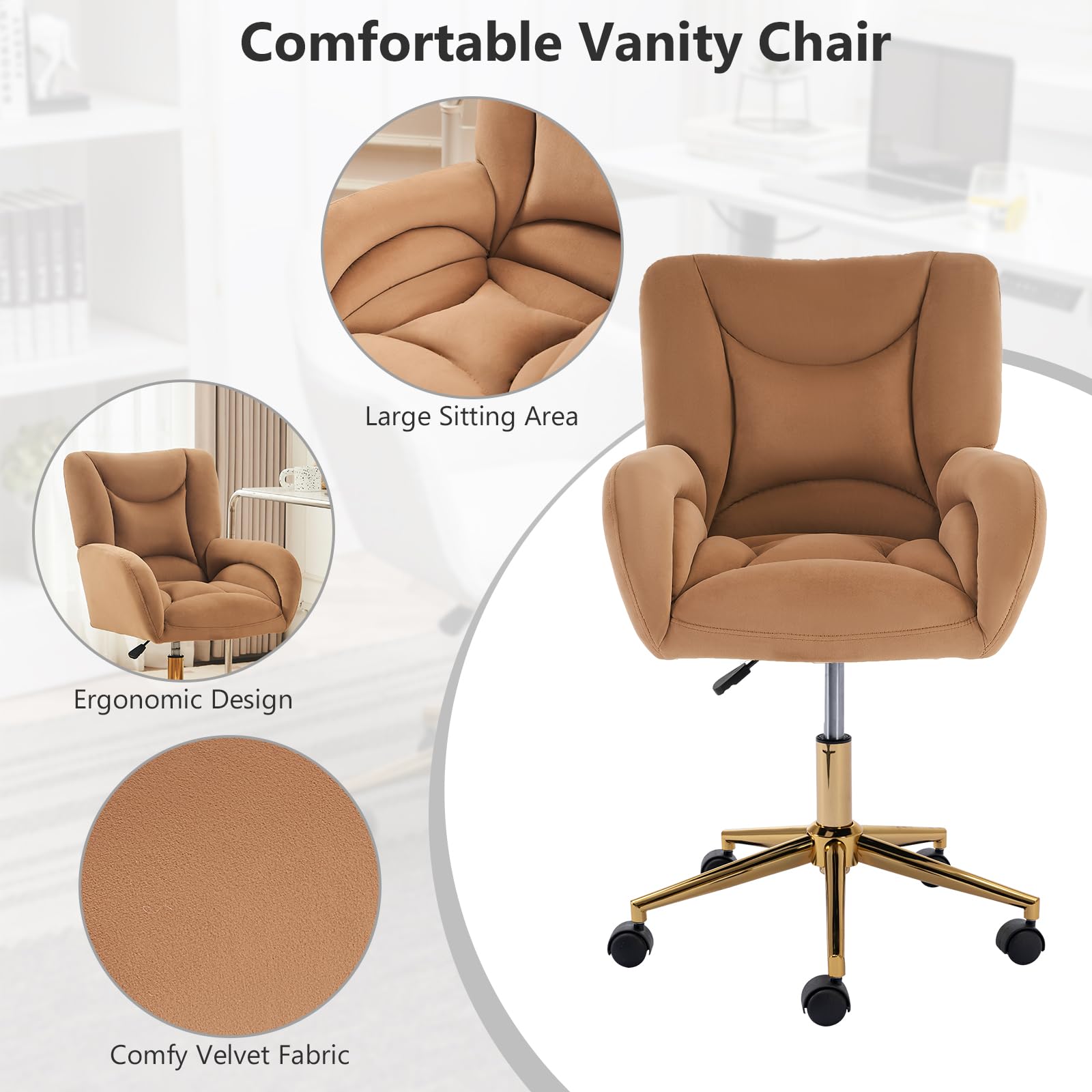 Hommoo Desk Chair with Wheels and Arms Velvet Comfortable Desk Chair for Home Office Height Adjustable Vanity Chair Modern Task Chair Computer Desk Chair Coffee