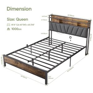 Welzona Queen Bed Frames, Metal Bed Frames with Charging Station, LED Lights Bed Frames with Upholstered Storage Headboard, Sturdy and Noise-Free, Storage Space Under Bed, No Box Spring Needed, Brown