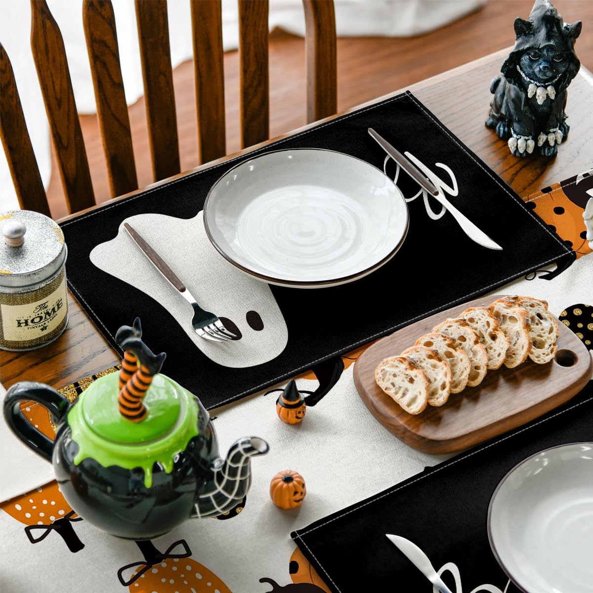 Artoid Mode Boo Ghost Halloween Placemats Set of 6, 12x18 Inch Seasonal Black Holiday Table Mats for Party Kitchen Dining Decoration