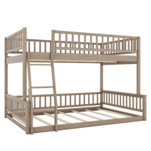 Harper & Bright Designs Full XL Over Queen Bunk Bed, Floor Bunk Bed Wood Frame with Ladder and Guardrails, for Kids Teens Adults - Walnut