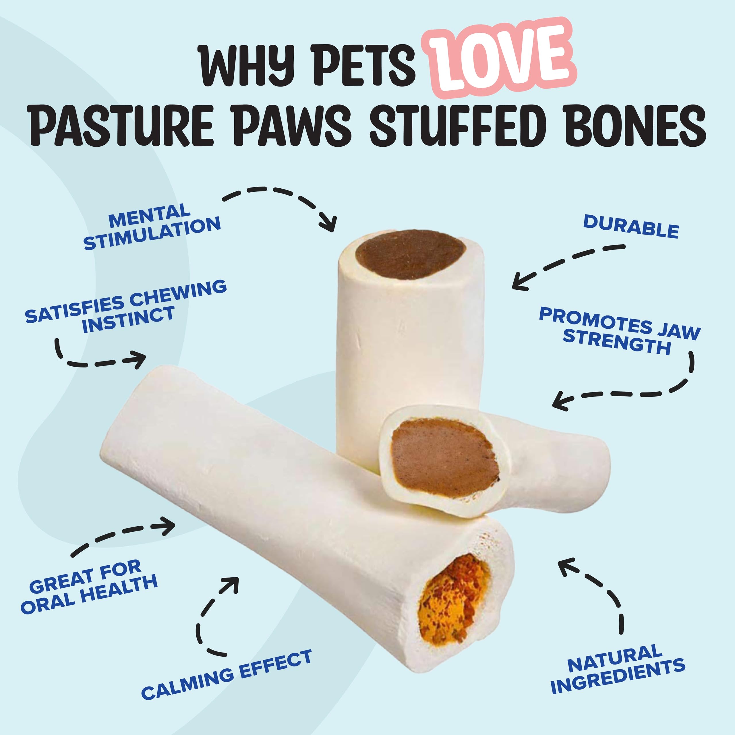 Pasture Paws Stuffed Shin Bones for Dogs | Peanut Butter Filled Dog Bones for Large, Medium and Small Breeds | Highly Irresistible Puppy Chew Bones | 2” to 3" All Natural Dog Bones | Pack of 6