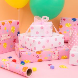 AUCLAY Reversible Birthday Wrapping Paper for Girls Kids Baby Shower - Cute Happy Birthday Lettering Balloon in Pink and Polka Dots Design - Gift Wrap Paper Roll, 17.7 Inch Wide