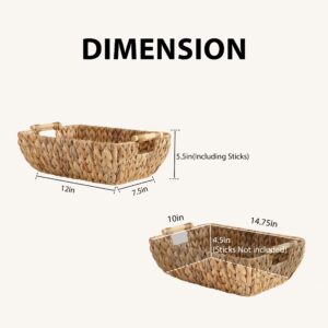 Water Hyacinth Storage Baskets with Wooden Handles，Large Wicker Baskets for Organizing Set of 2