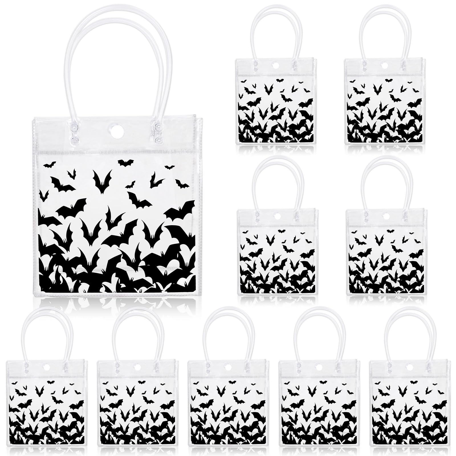 JarThenaAMCS Halloween Bats Clear PVC Gift Bags Black Bats Party Favor Bags with Handles Decorative Treat Tote Bags for Halloween Birthday Party Supplies, 12Pcs