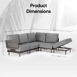 WOWT Modular Sectional Sofa, Convertible L Shaped Couch Set with Rattan Armrest,Modern Modular Sectional Sofa, 5-Seater Corner Sectional Sofa for Living Room,Apartment,Garden,Gray