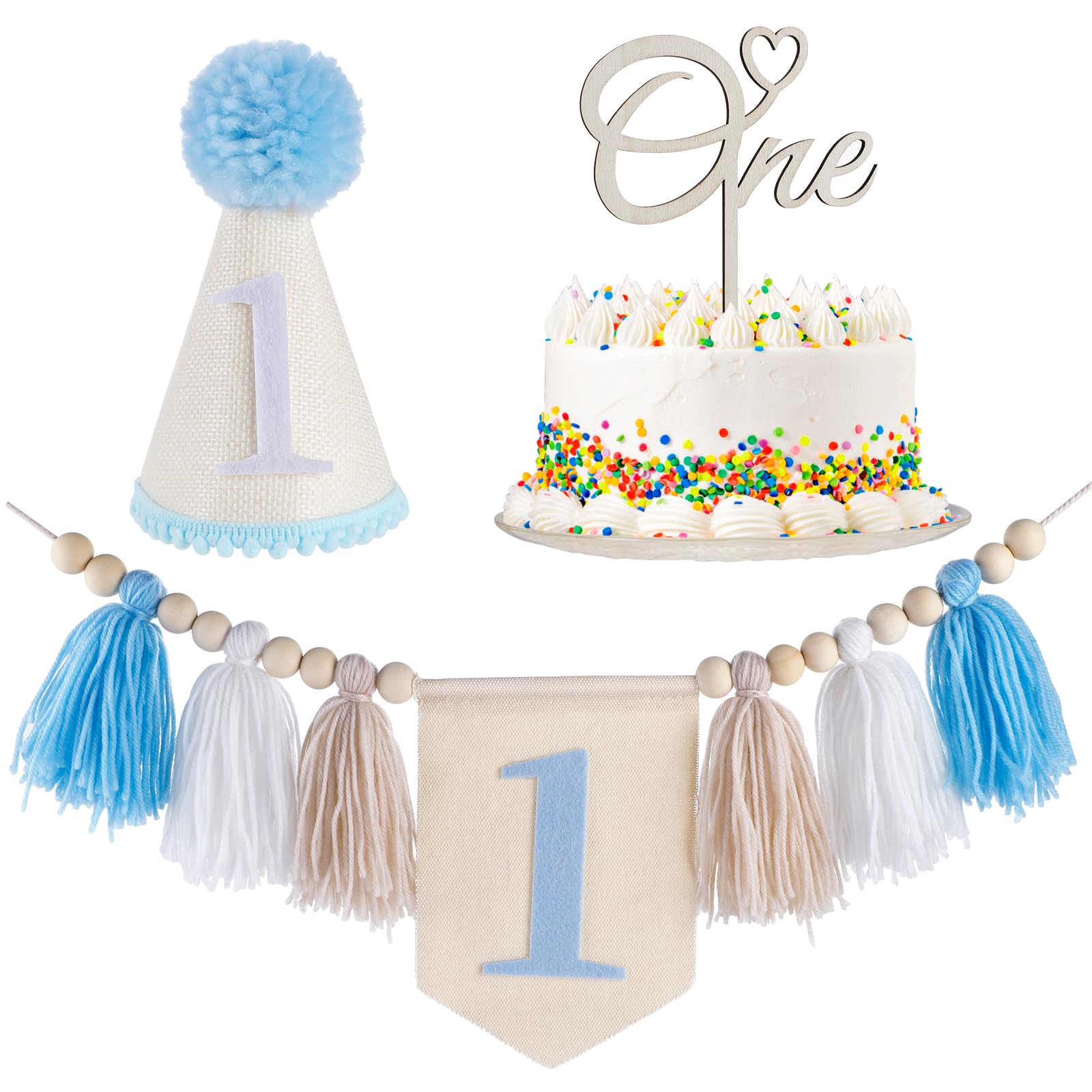 Lucky one First Birthday Decorations Banner for Boy, Cute Birthday Decorations Handmade High Chair Banner, Cake Topper Party Decor Baby Boy 1st Birthday Party Supplies