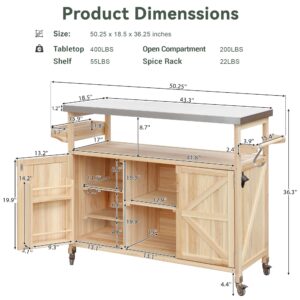 CKLMMC Farmhouse Outdoor Kitchen Island, Rolling Bar Cart & Storage Cabinet with Stainless Steel Top, Spice Rack, Towel Rack for Kitchen & Barbecue, Solid Wood Outdoor Grill Table (Natural)