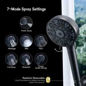 InoFlow High Pressure Filtered Shower head with Handheld 7 Modes, 5” High Flow Hand Held Hydro Rain Showerhead with 60" Stainless Steel Hose and Adjustable Bracket, Matt Black