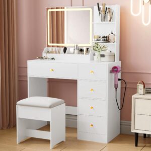 zvivofla vanity desk with mirror and lights, makeup vanity table set with charging station & 5 drawers, bedroom dressing set with chair for girls women, 3 lighting colors, white