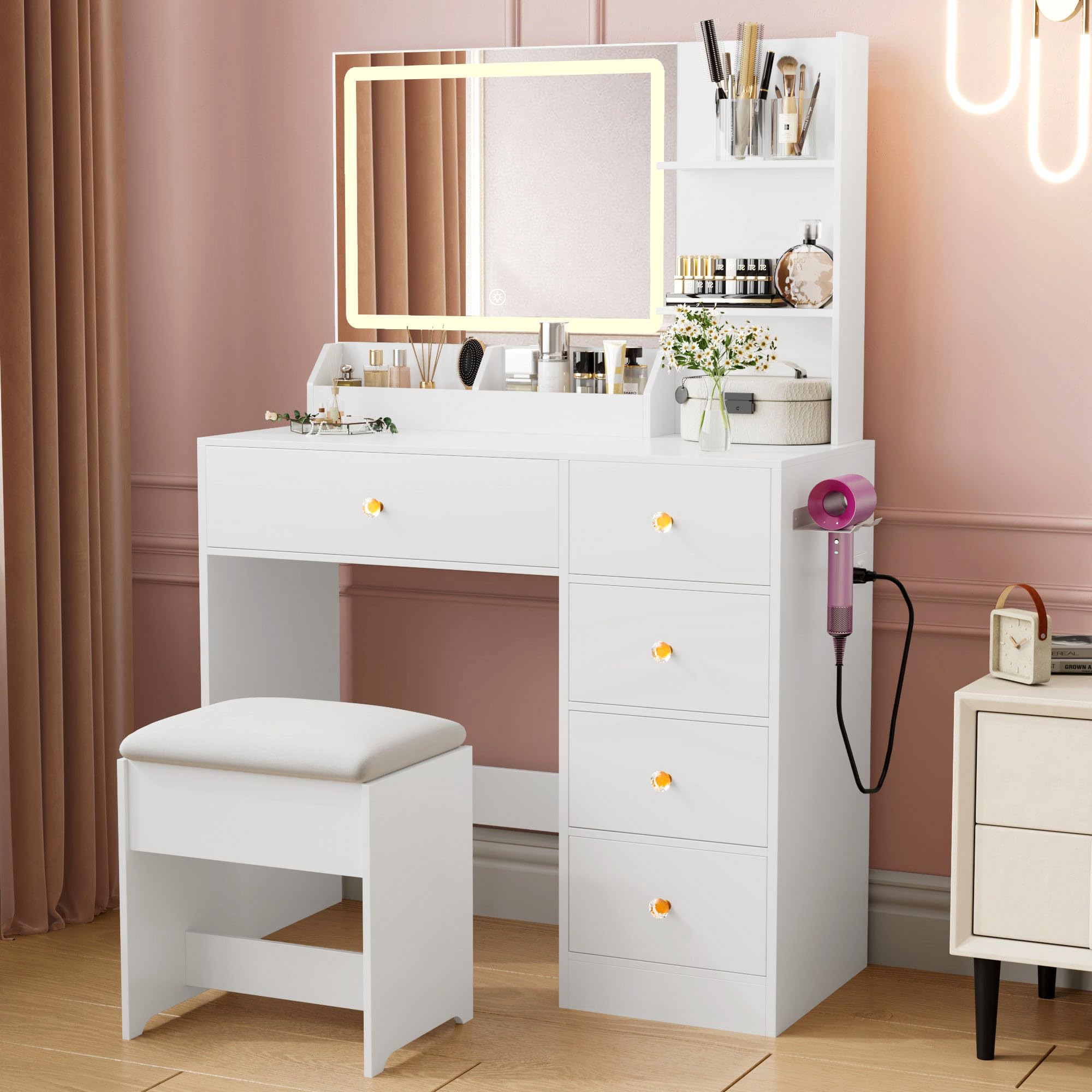 Zvivofla Vanity Desk with Mirror and Lights, Makeup Vanity Table Set with Charging Station & 5 Drawers, Bedroom Dressing Set with Chair for Girls Women, 3 Lighting Colors, White