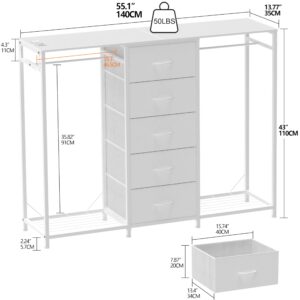 Espelism Dresser for Bedroom with Clothes Rack 5 Drawer Dresser with Charging Station LED Lights White Chest of Drawers Flexible Shelf and Open Storage Space for Bedroom Living Room (White)