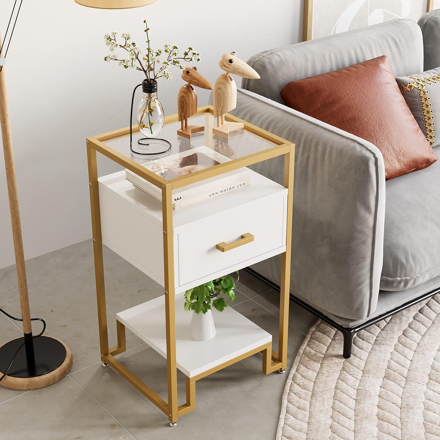 Nightstand Set of 2, End Table with Storage Drawer and 3-Tier Storage & Tempered Glass Top, Bedside Furniture with Steel Frame, Side Table for Bedroom, Dorm, Easy Assembly, White and Gold