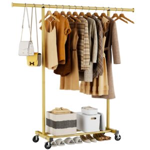 hyseyy portable clothing clothes garment rack wheels,46.5" l sturdy clothing racks for hanging clothes, metal wardrobe closet rack clothes storage organizer for coats, shirts, dress, gold