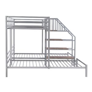 Harper & Bright Designs Metal Triple Bunk Bed with Storage Stairs, Twin Over Twin & Twin Bunk Bed for 3, Bunk Bed with Shelves for Kids Teens Adults, No Box Spring Needed,Silver