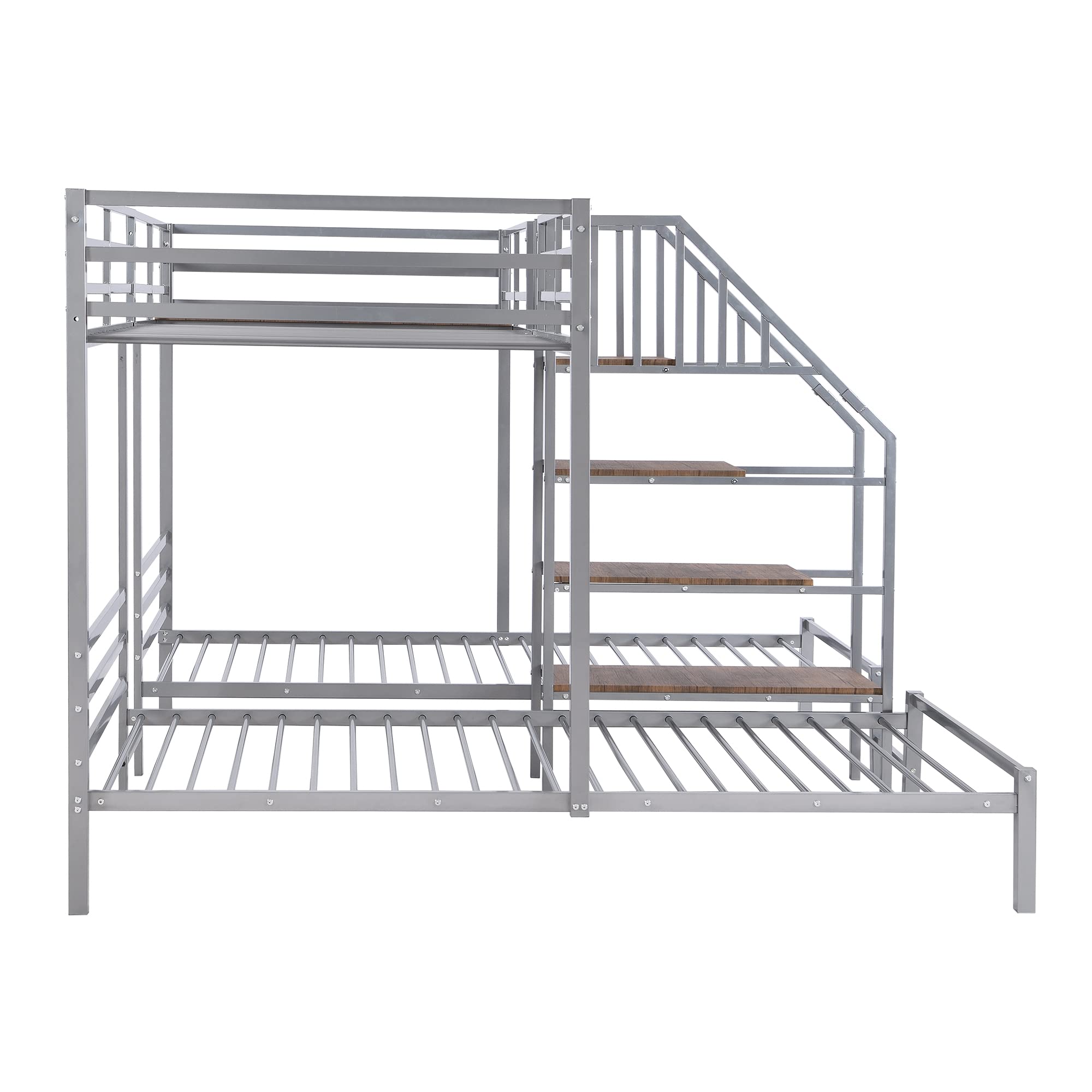 Harper & Bright Designs Metal Triple Bunk Bed with Storage Stairs, Twin Over Twin & Twin Bunk Bed for 3, Bunk Bed with Shelves for Kids Teens Adults, No Box Spring Needed,Silver