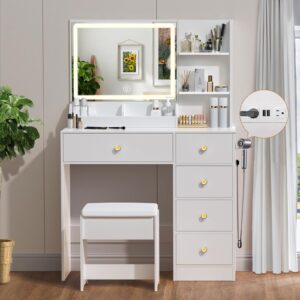 Zvivofla Vanity Desk with Mirror and Lights, Makeup Vanity Table Set with Charging Station & 5 Drawers, Bedroom Dressing Set with Chair for Girls Women, 3 Lighting Colors, White