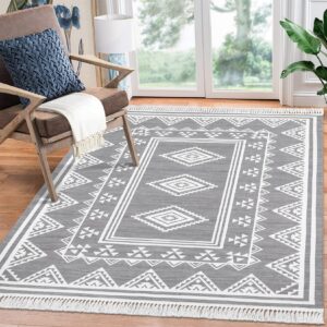 garveehome 8x10 washable rug boho accent throw floor cover farmhouse bordered area rug non slip low pile indoor bohemian area rug large living room moroccan rug dining room bedroom rug carpet, grey