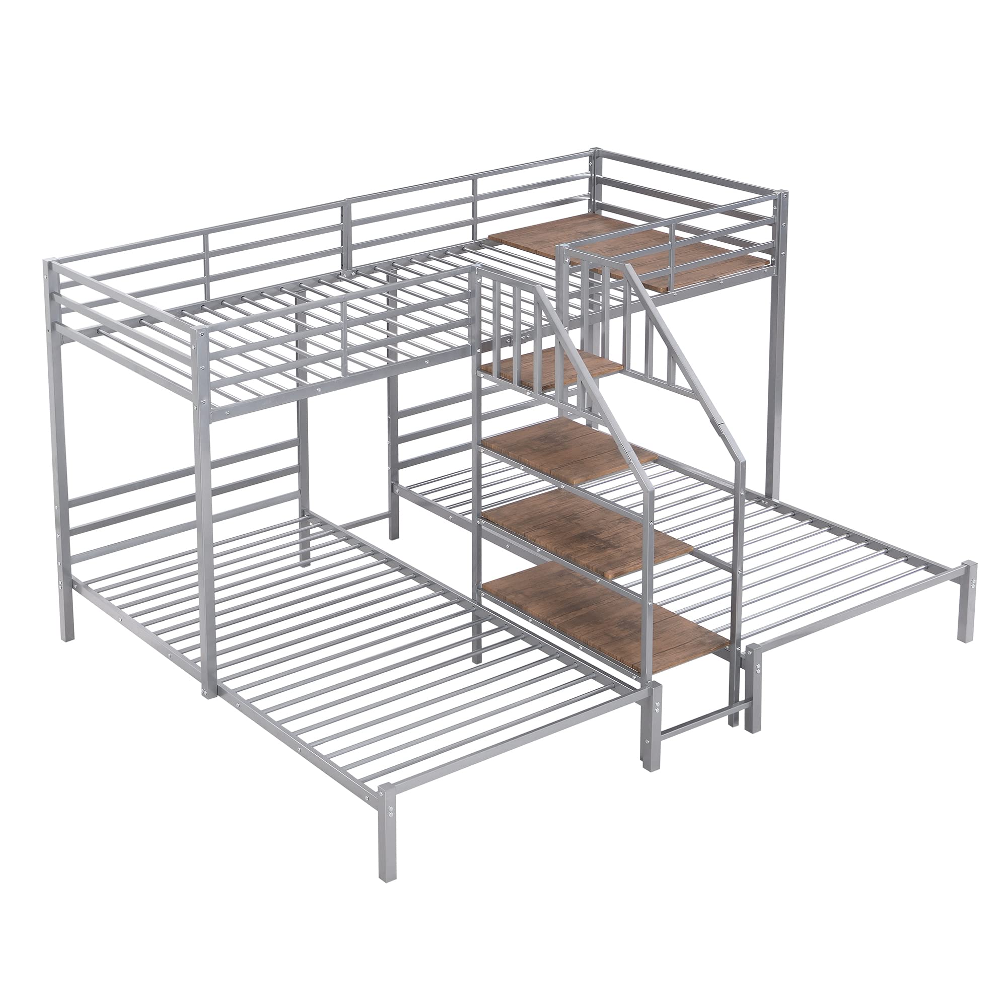 Harper & Bright Designs Metal Triple Bunk Bed with Storage Stairs, Twin Over Twin & Twin Bunk Bed for 3, Bunk Bed with Shelves for Kids Teens Adults, No Box Spring Needed,Silver